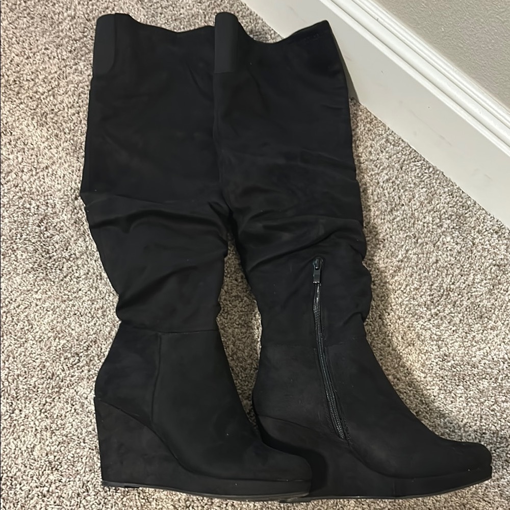 Black Wedge Knee-High Boots